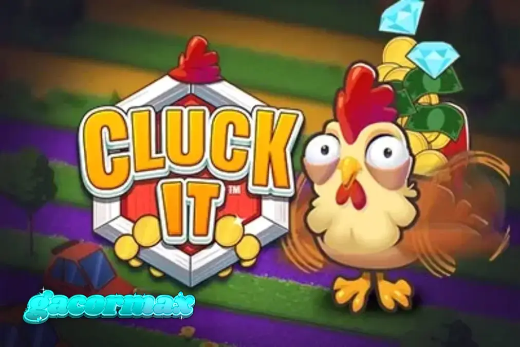 Tampilan visual game Cluck It dengan karakter ayam di latar belakang peternakan